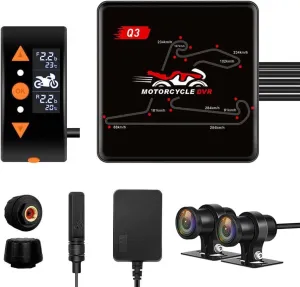 VSYSTO WiFi Motorcycle Dash Cam, OLED Display Wired Controller, Tire Pressure Sensors, Waterproof HD 1080P SONYIMX307 150° Wide Angle Front and Rear Camera DVR, GPS, Parking Monitoring (Black-Q3D)