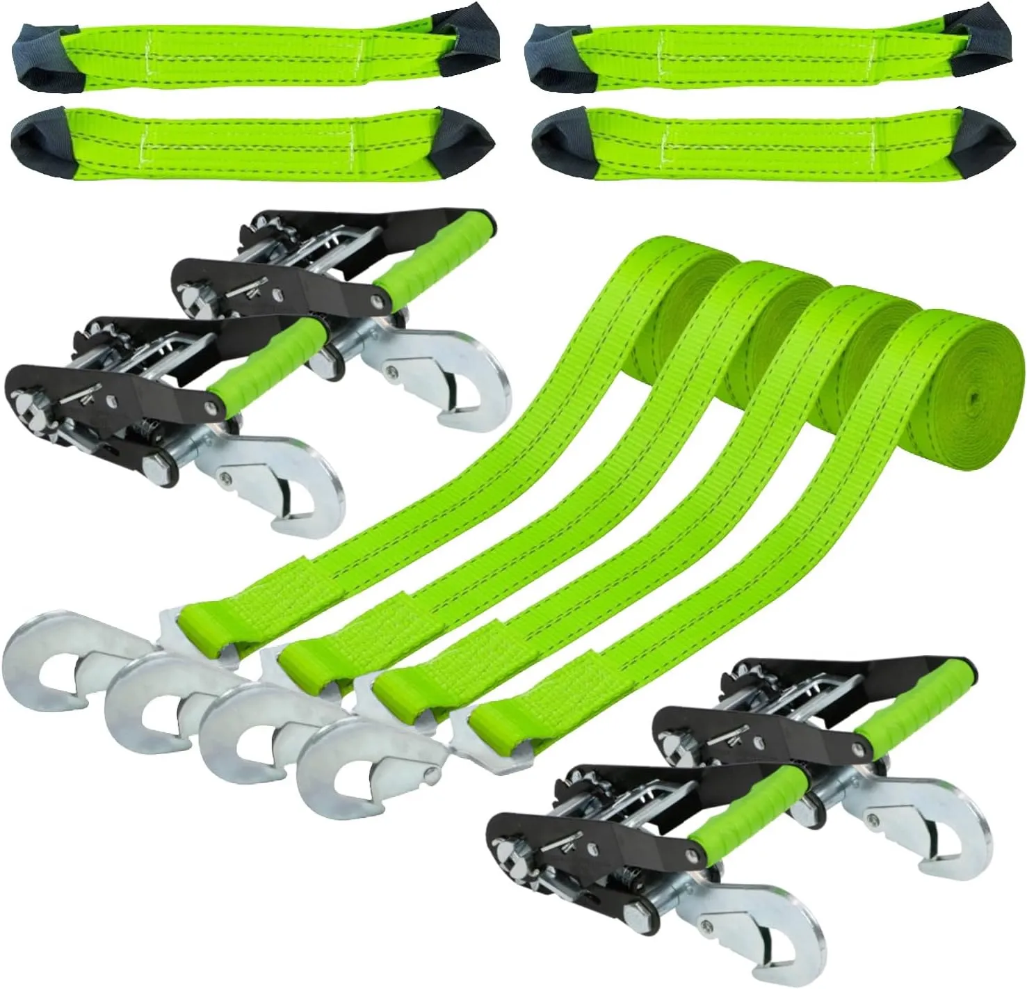 VULCAN 8-Point Vehicle Tie Down Kit with Snap Hooks on Both Ends - Set of 4 - Reflective High-Viz