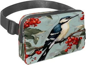 Waist Pack for Women Men, Outdoor Waist Bag Fanny Pack, Slim Running Belt Bum Bag for Walking Jogging Hiking Traveling Workout - Woodpecker Bird on Red Berries Branch