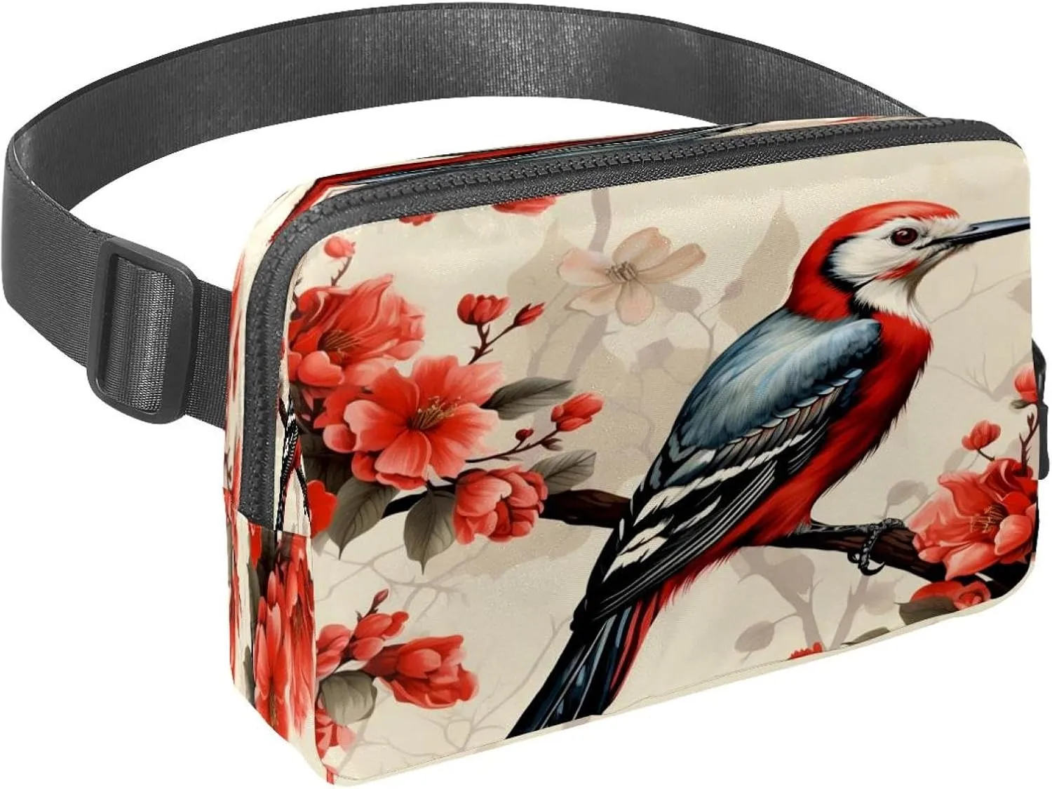 Waist Pack for Women Men, Outdoor Waist Bag Fanny Pack, Slim Running Belt Bum Bag for Walking Jogging Hiking Traveling Workout - Woodpecker Bird on Red Berries Branch