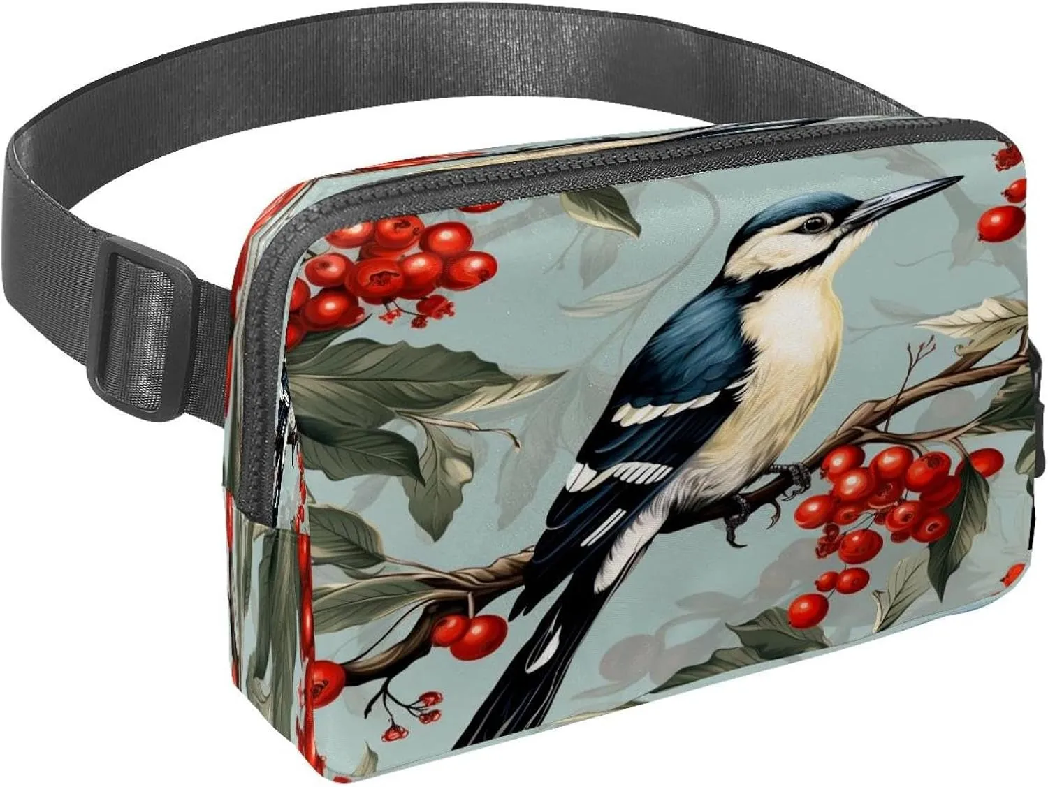Waist Pack for Women Men, Outdoor Waist Bag Fanny Pack, Slim Running Belt Bum Bag for Walking Jogging Hiking Traveling Workout - Woodpecker Bird on Red Berries Branch