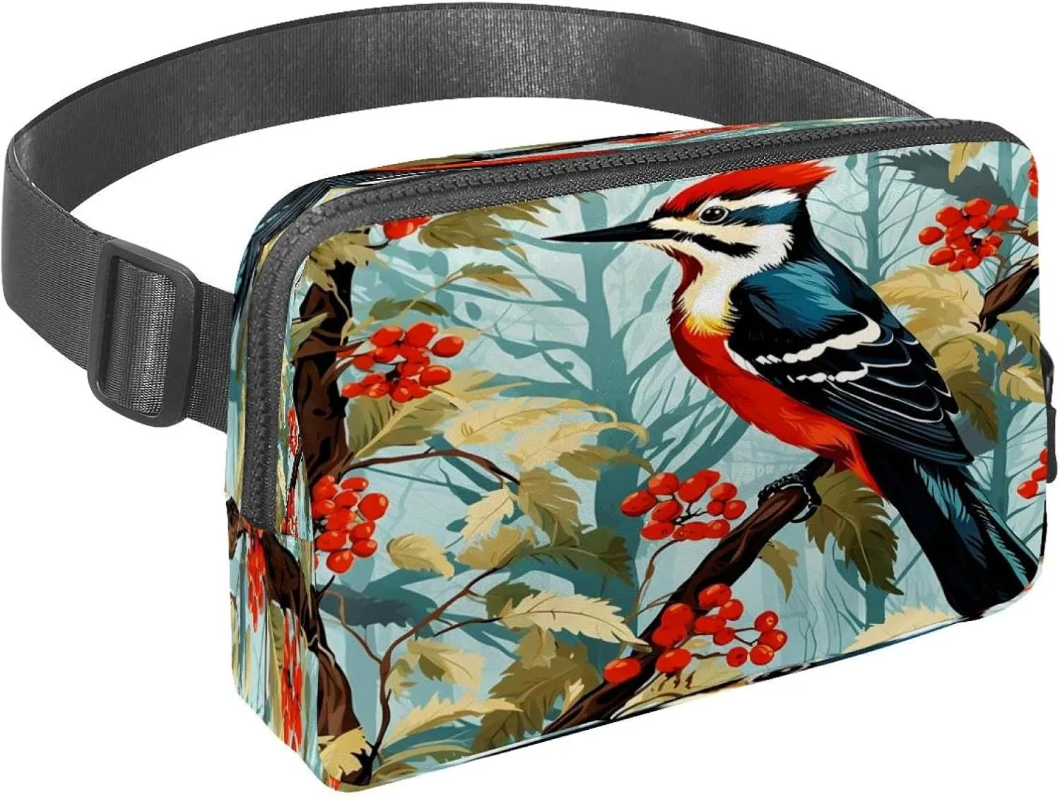 Waist Pack for Women Men, Outdoor Waist Bag Fanny Pack, Slim Running Belt Bum Bag for Walking Jogging Hiking Traveling Workout - Woodpecker Bird on Red Berries Branch