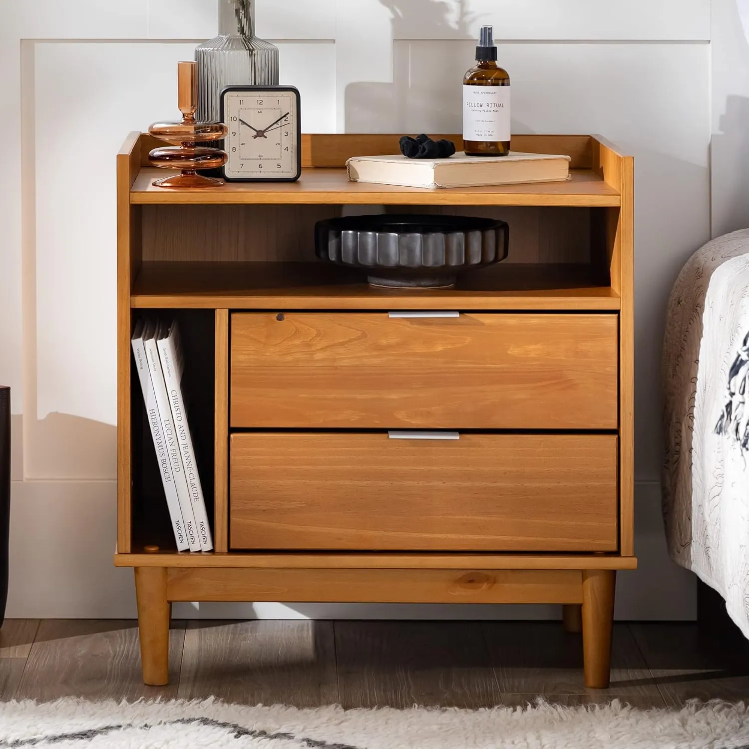 Walker Edison Blythe Mid-Century Modern Tray-Top Storage Nightstand, 25 Inch, Caramel