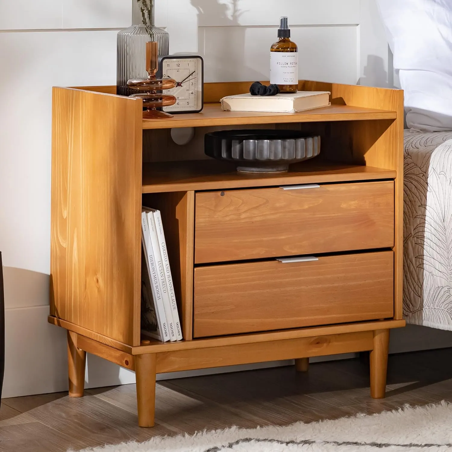 Walker Edison Blythe Mid-Century Modern Tray-Top Storage Nightstand, 25 Inch, Caramel