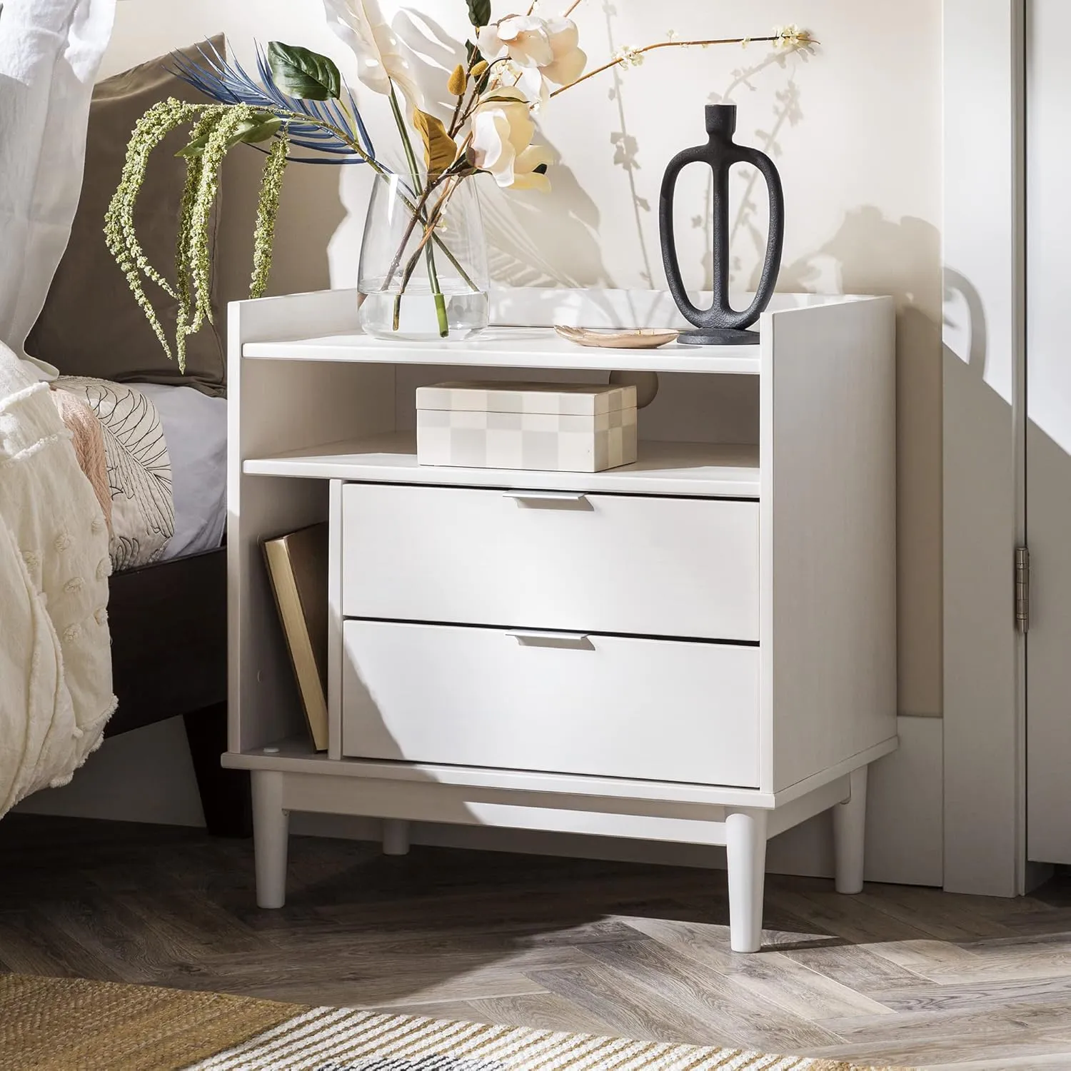 Walker Edison Blythe Mid-Century Modern Tray-Top Storage Nightstand, 25 Inch, White