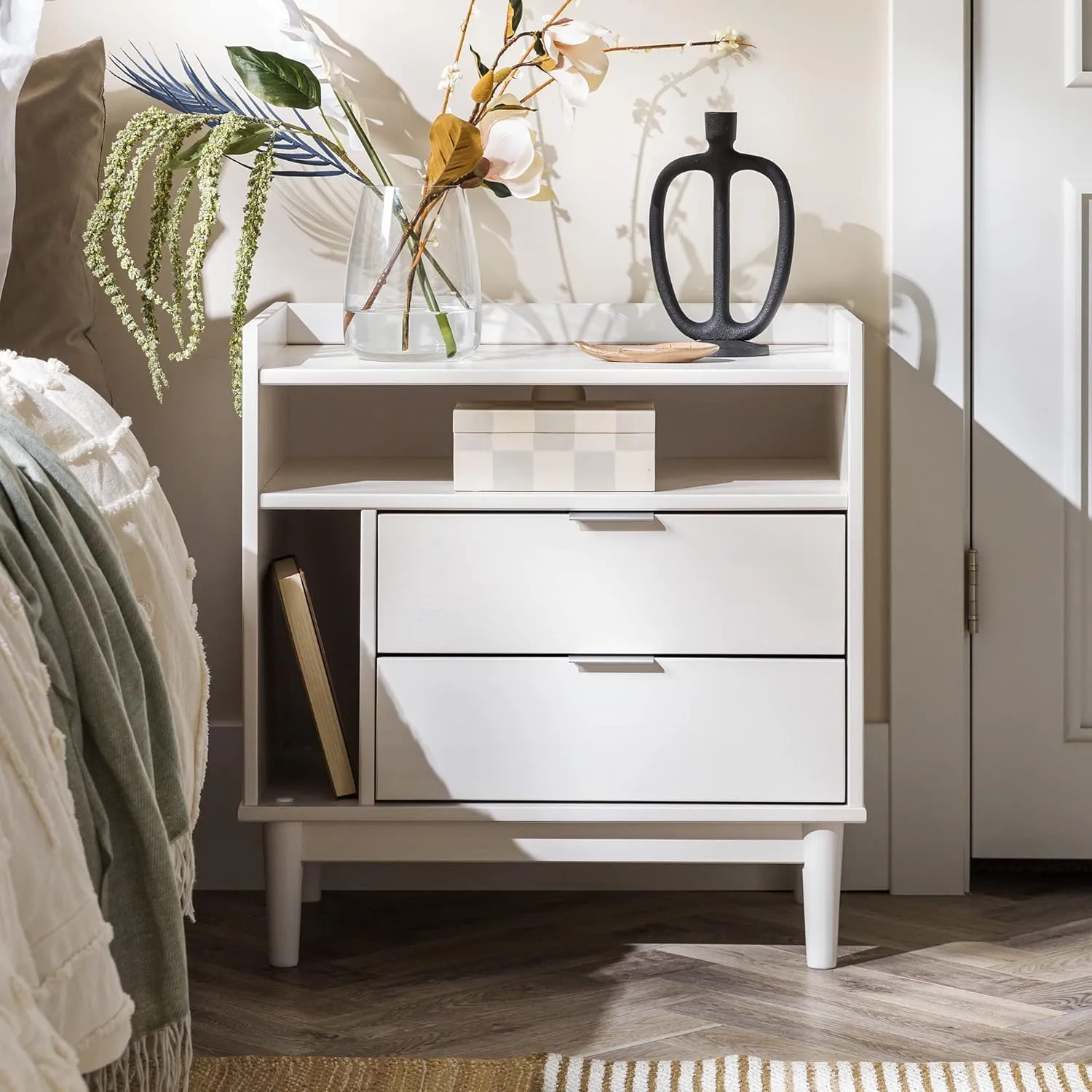 Walker Edison Blythe Mid-Century Modern Tray-Top Storage Nightstand, 25 Inch, White