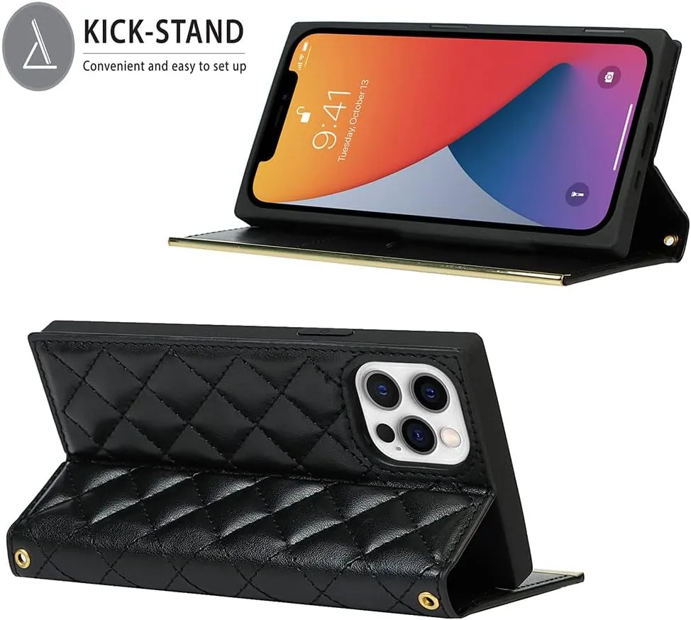 Wallet Case Apply to iPhone 14,Luxury Fashion Flip Purse Leather Bag with Card Slots Crossbody Chain Shoulder Strap with Mirror Bracket Shockproof Protector (Black, iPhone 14)