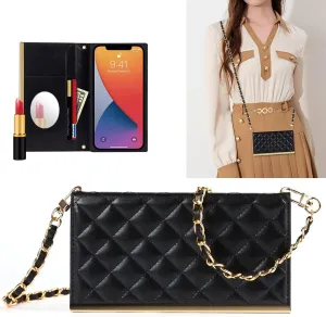 Wallet Case Apply to iPhone 14,Luxury Fashion Flip Purse Leather Bag with Card Slots Crossbody Chain Shoulder Strap with Mirror Bracket Shockproof Protector (Black, iPhone 14)