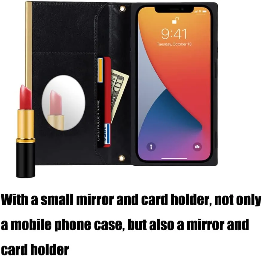 Wallet Case Apply to iPhone 14,Luxury Fashion Flip Purse Leather Bag with Card Slots Crossbody Chain Shoulder Strap with Mirror Bracket Shockproof Protector (Black, iPhone 14)