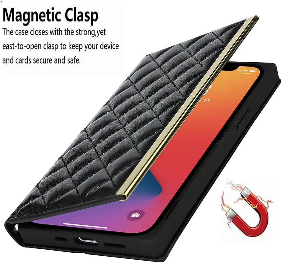 Wallet Case Apply to iPhone 14,Luxury Fashion Flip Purse Leather Bag with Card Slots Crossbody Chain Shoulder Strap with Mirror Bracket Shockproof Protector (Black, iPhone 14)