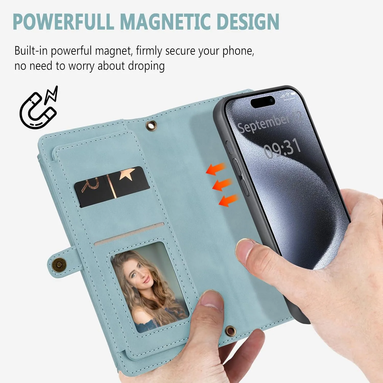 Wallet Case for iPhone 15 Pro with Card Holder/Crossbody Wallet/Strap,[RFID Blocking][Magnetic] PU Leather Shockproof Protective Cover iPhone 15 Pro Phone Case,6.7 in,Blue
