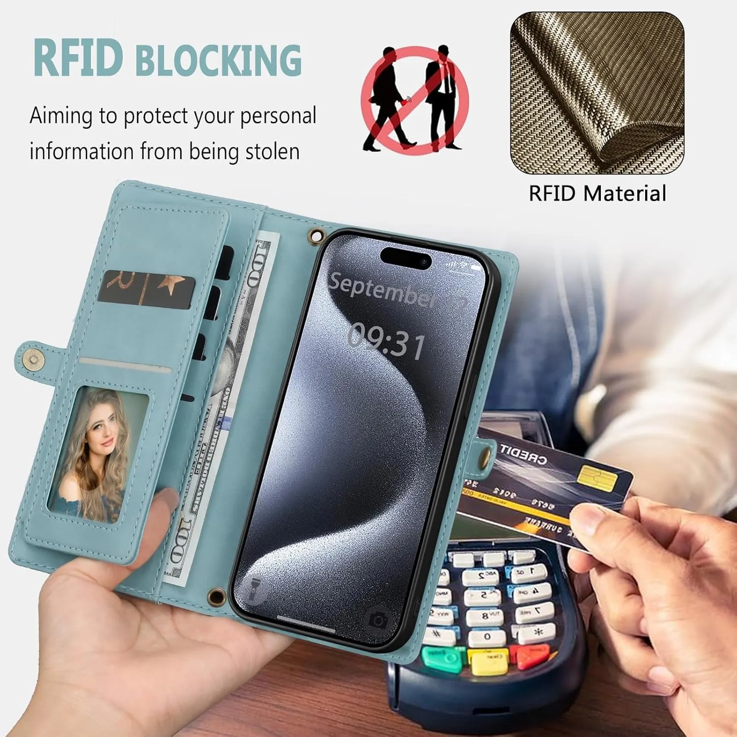 Wallet Case for iPhone 15 Pro with Card Holder/Crossbody Wallet/Strap,[RFID Blocking][Magnetic] PU Leather Shockproof Protective Cover iPhone 15 Pro Phone Case,6.7 in,Blue