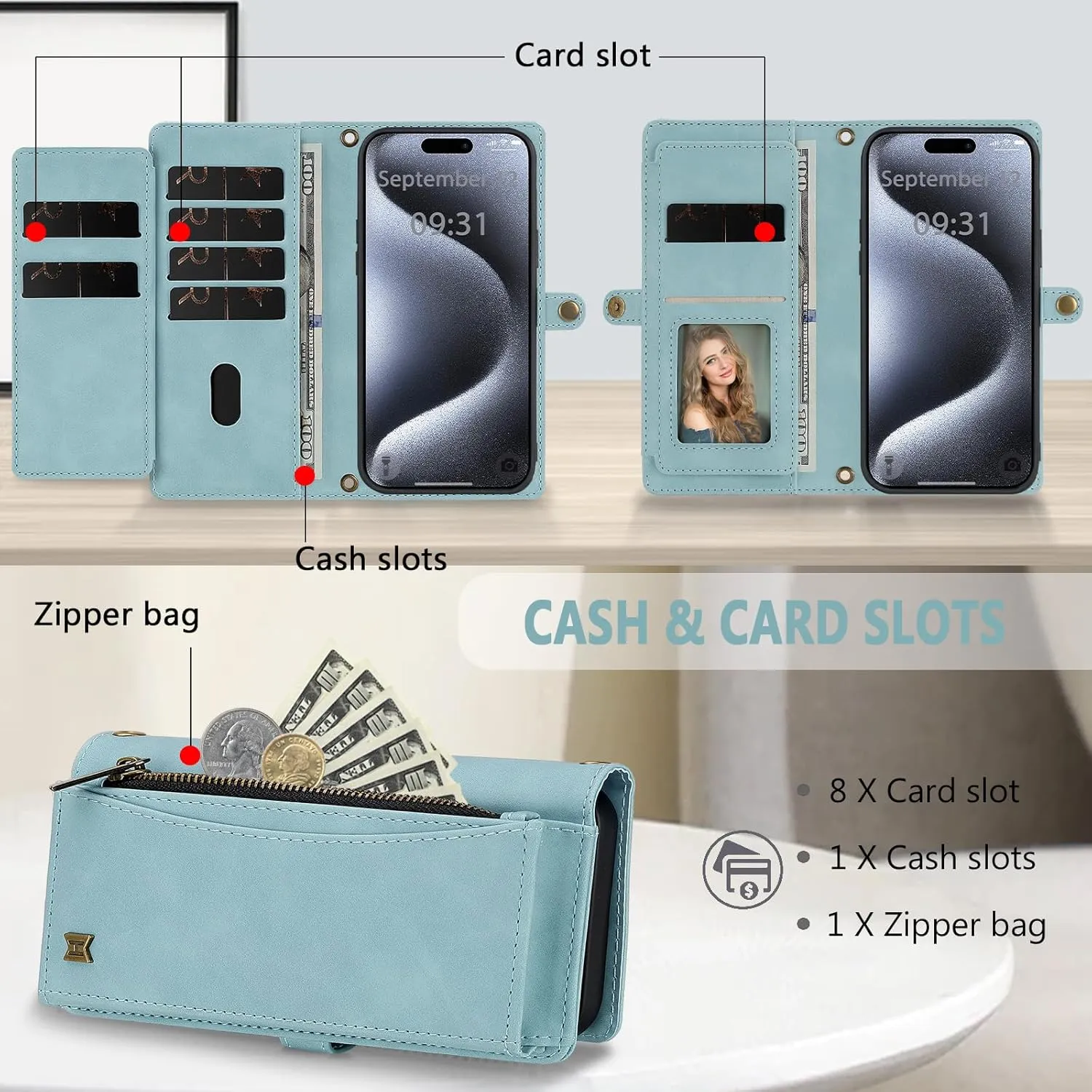 Wallet Case for iPhone 15 Pro with Card Holder/Crossbody Wallet/Strap,[RFID Blocking][Magnetic] PU Leather Shockproof Protective Cover iPhone 15 Pro Phone Case,6.7 in,Blue