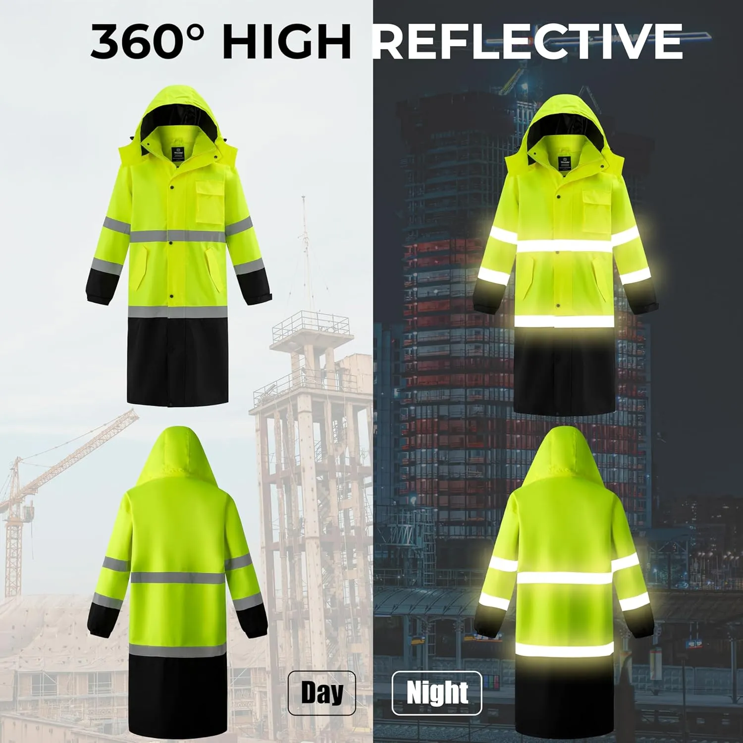 wantdo Hi Vis Rain Jacket Long Reflective Raincoat Waterproof with Carry Bag