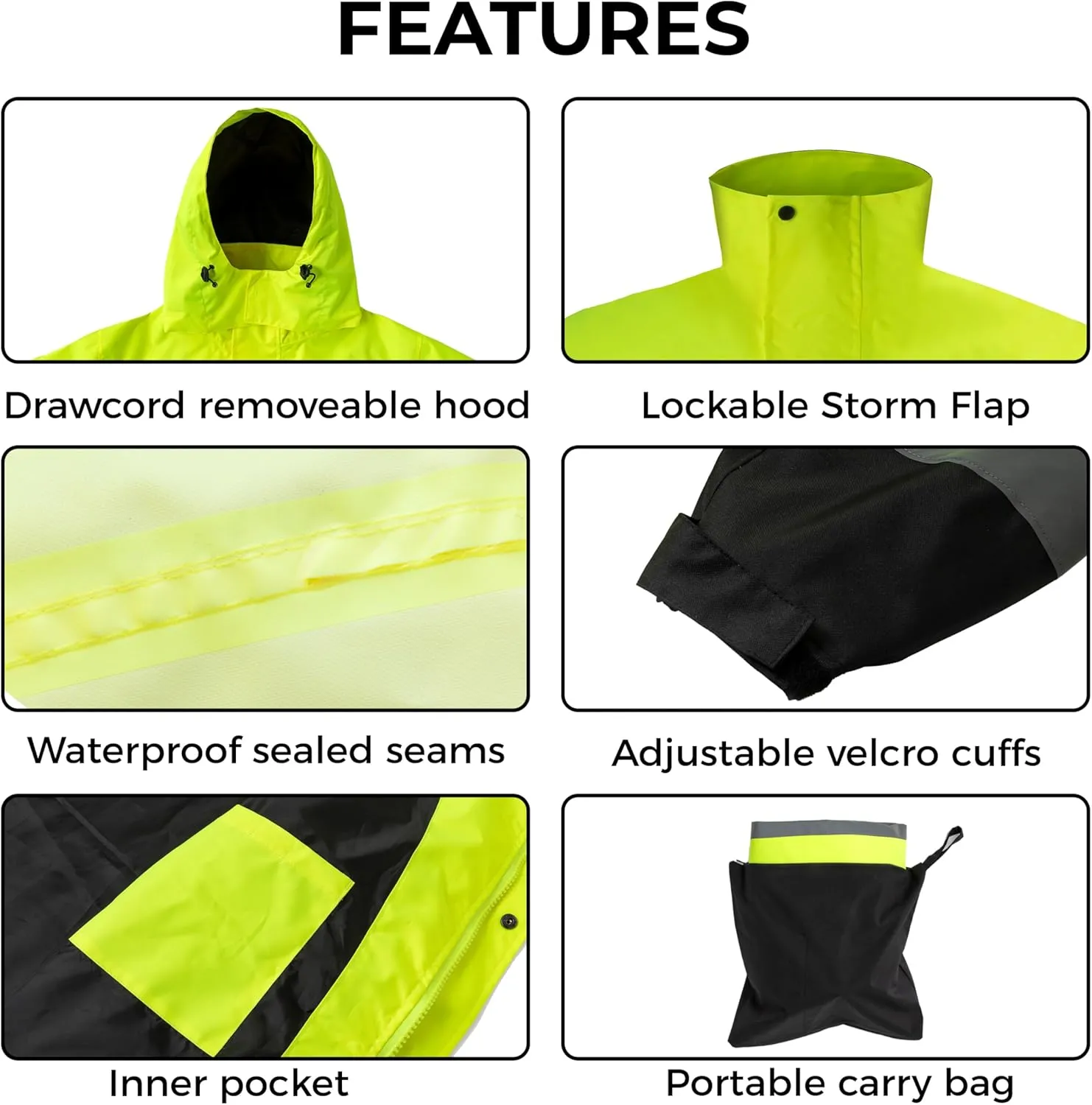 wantdo Hi Vis Rain Jacket Long Reflective Raincoat Waterproof with Carry Bag