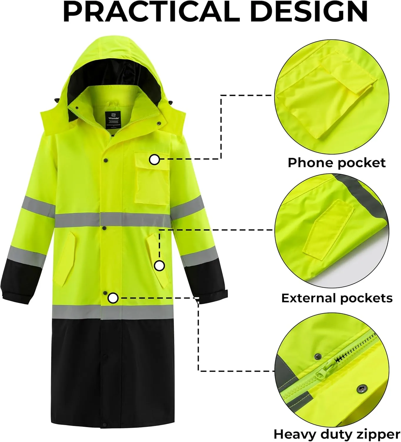 wantdo Hi Vis Rain Jacket Long Reflective Raincoat Waterproof with Carry Bag