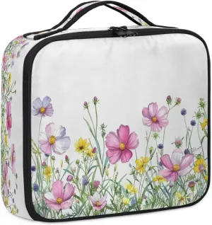 Watercolor Spring Flowers Travel Makeup Train Case Cosmetic Bag Organizer Portable Floral Seasonal Storage Bag with Adjustable Dividers for Cosmetics Makeup Brushes Toiletry Jewelry