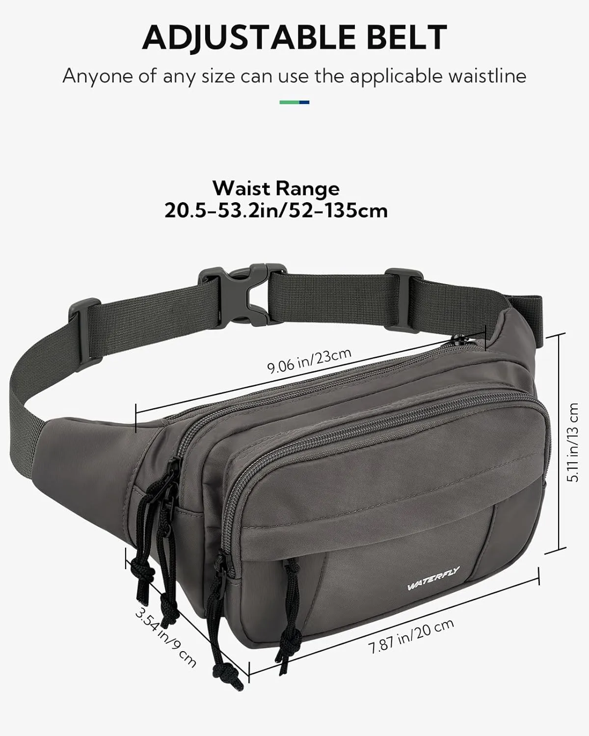 WATERFLY Fanny Pack Waist Packs: Large Crossbody Fanny Packs for Women Men with 5 Zipper Pockets Adjustable Strap Waist Bags Hip Pack for Traveling Cycling Running Hiking-Gray