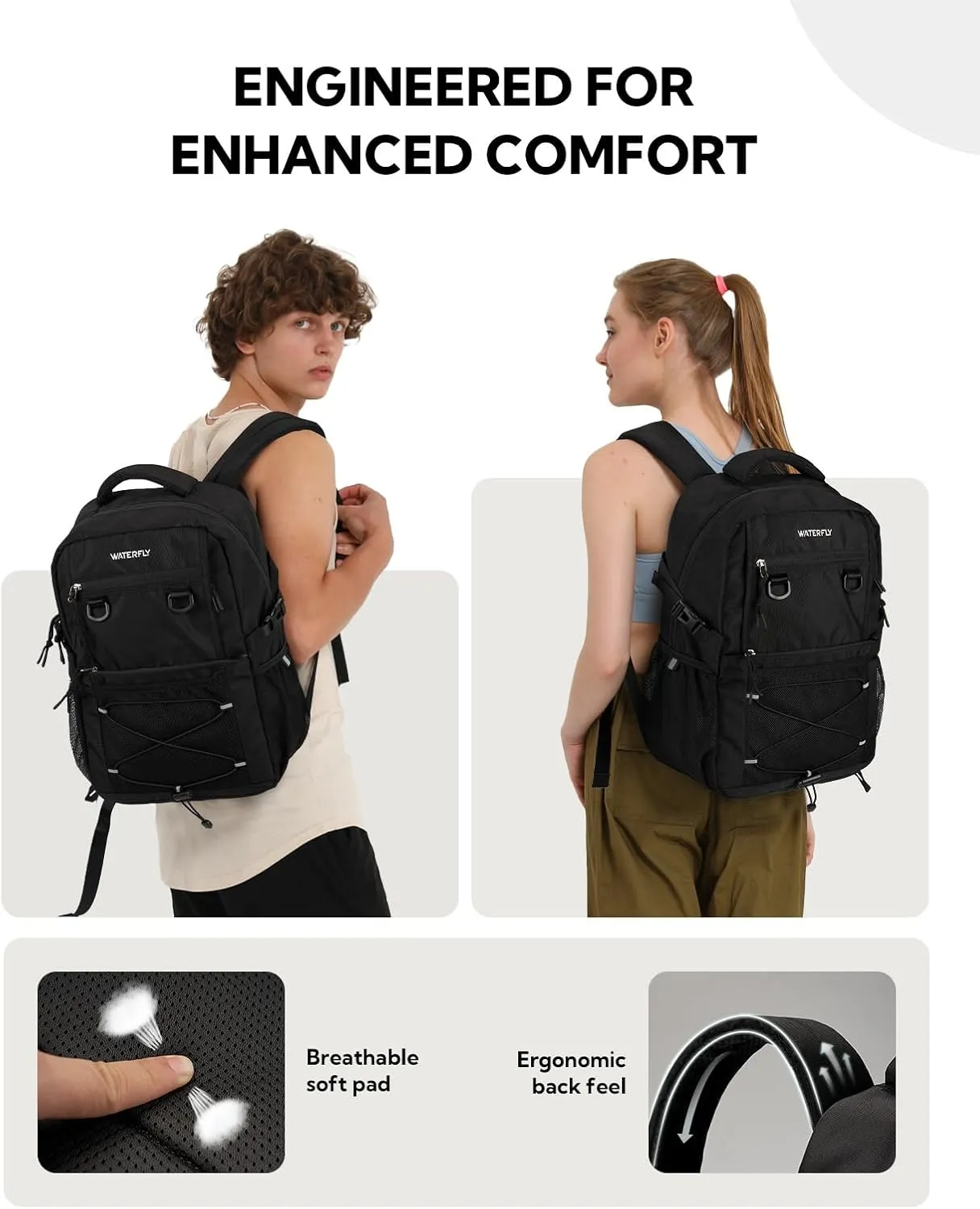 WATERFLY Travel Hiking Casual Backpack: Woman Man Everyday Commuter Outdoor City Daypack College Bookbag with Compartment - 22L Weekender Trip Day Back Pack Carry on Airplane Flight Approved, Black