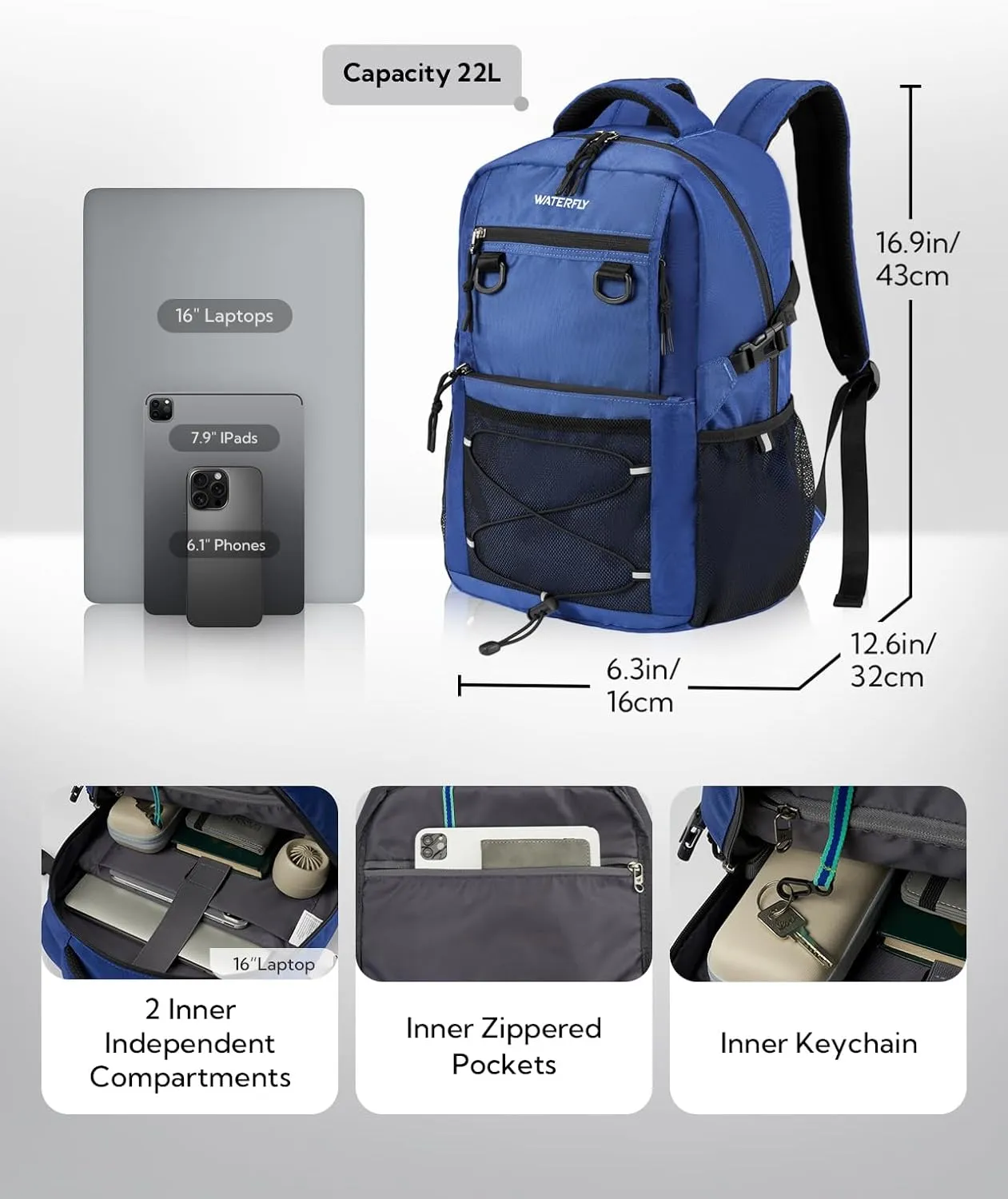 WATERFLY Travel Hiking Casual Backpack: Woman Man Everyday Commuter Outdoor City Daypack College Bookbag with Compartment - 22L Weekender Trip Day Back Pack Carry on Airplane Flight Approved, Blue