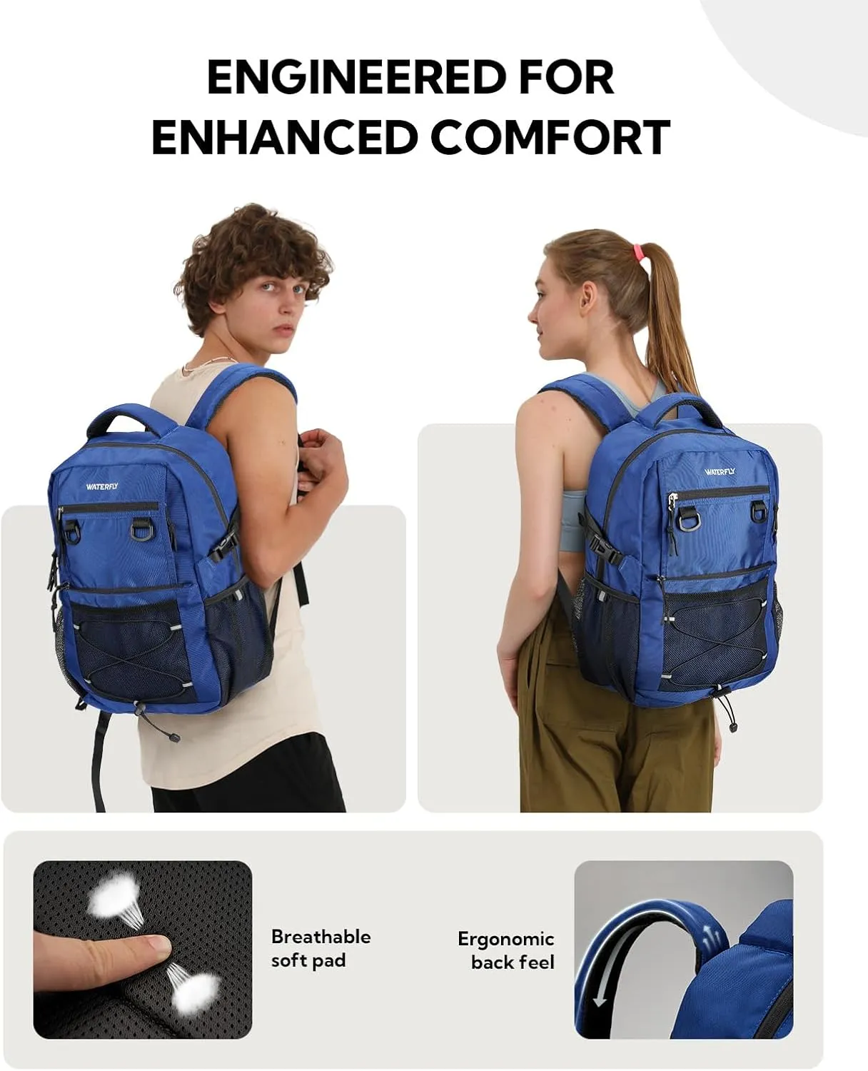 WATERFLY Travel Hiking Casual Backpack: Woman Man Everyday Commuter Outdoor City Daypack College Bookbag with Compartment - 22L Weekender Trip Day Back Pack Carry on Airplane Flight Approved, Blue