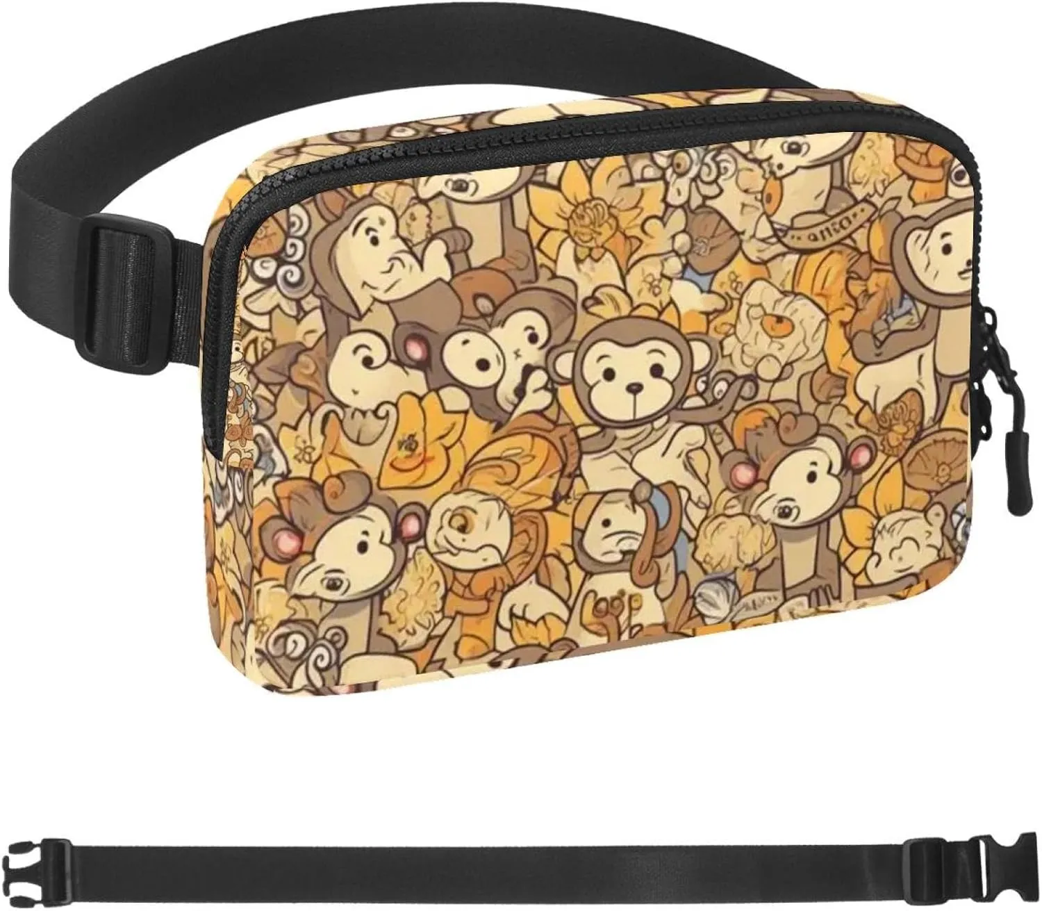Waterproof Fanny Pack Black Belt Bag with Adjustable Strap for Women and Men,Cartoon Yellow Monkey Crossbody Fanny Bag with Zipper for Hiking Running Travel