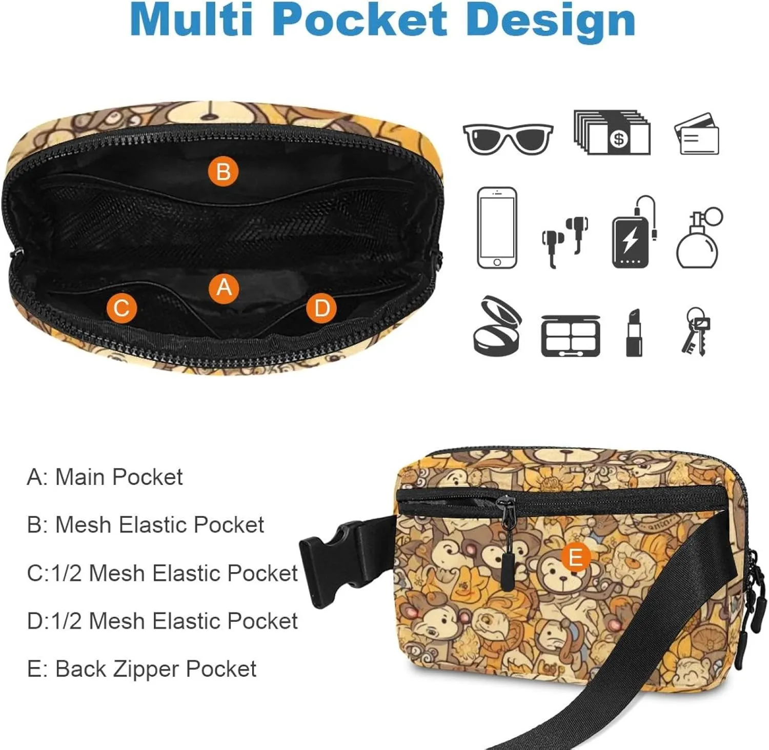 Waterproof Fanny Pack Black Belt Bag with Adjustable Strap for Women and Men,Cartoon Yellow Monkey Crossbody Fanny Bag with Zipper for Hiking Running Travel