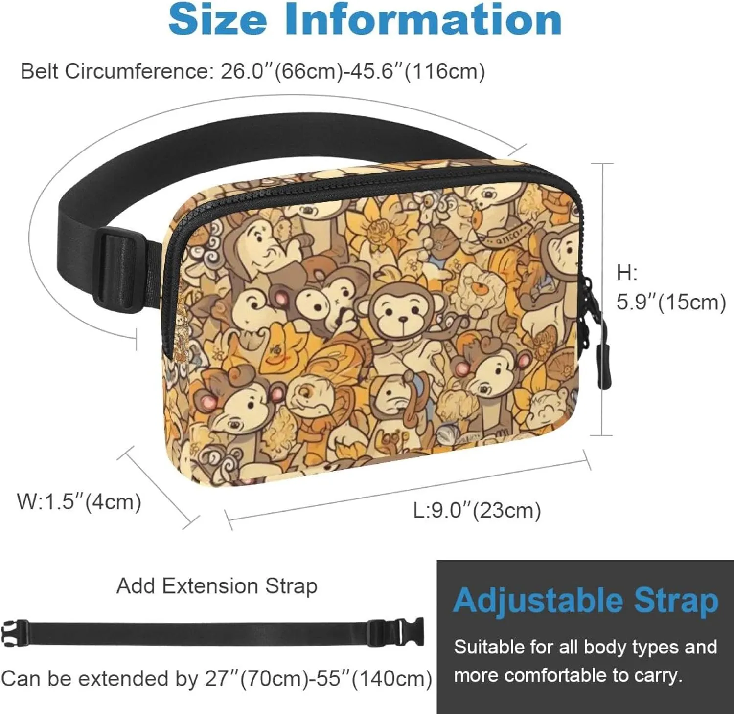 Waterproof Fanny Pack Black Belt Bag with Adjustable Strap for Women and Men,Cartoon Yellow Monkey Crossbody Fanny Bag with Zipper for Hiking Running Travel