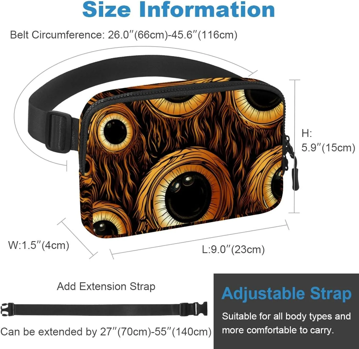 Waterproof Fanny Pack Black Belt Bag with Adjustable Strap for Women and Men,Halloween Horror Eyeballs E Crossbody Fanny Bag with Zipper for Hiking Running Travel
