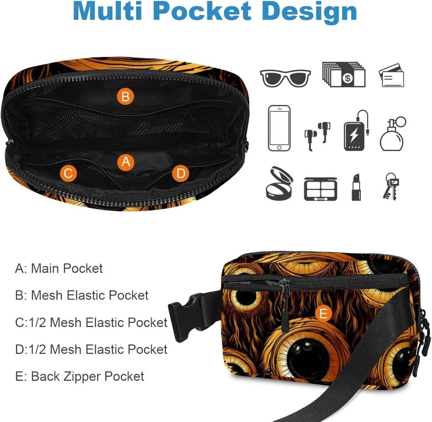 Waterproof Fanny Pack Black Belt Bag with Adjustable Strap for Women and Men,Halloween Horror Eyeballs E Crossbody Fanny Bag with Zipper for Hiking Running Travel