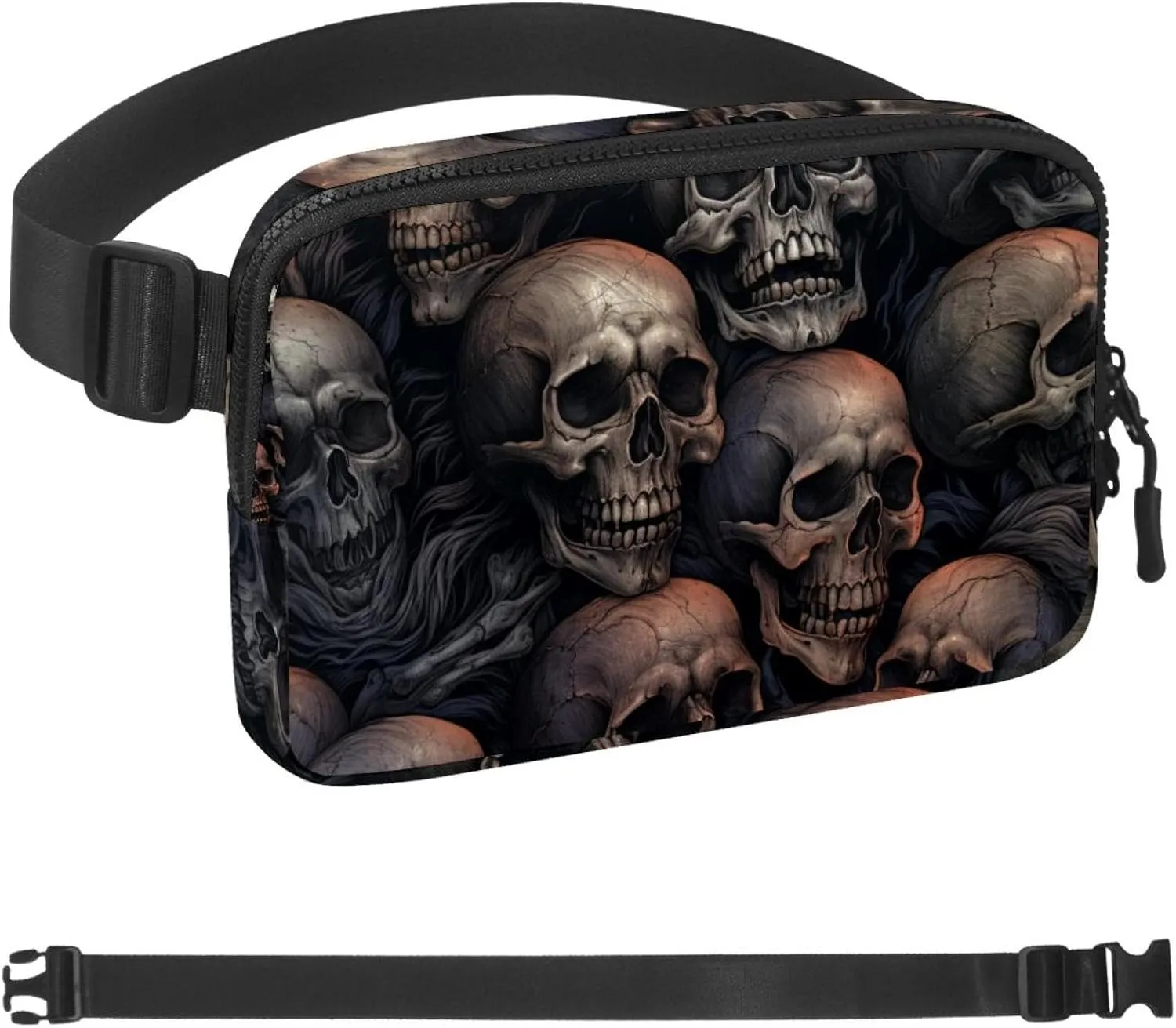 Waterproof Fanny Pack Black Belt Bag with Adjustable Strap for Women and Men,Skull L Crossbody Fanny Bag with Zipper for Hiking Running Travel