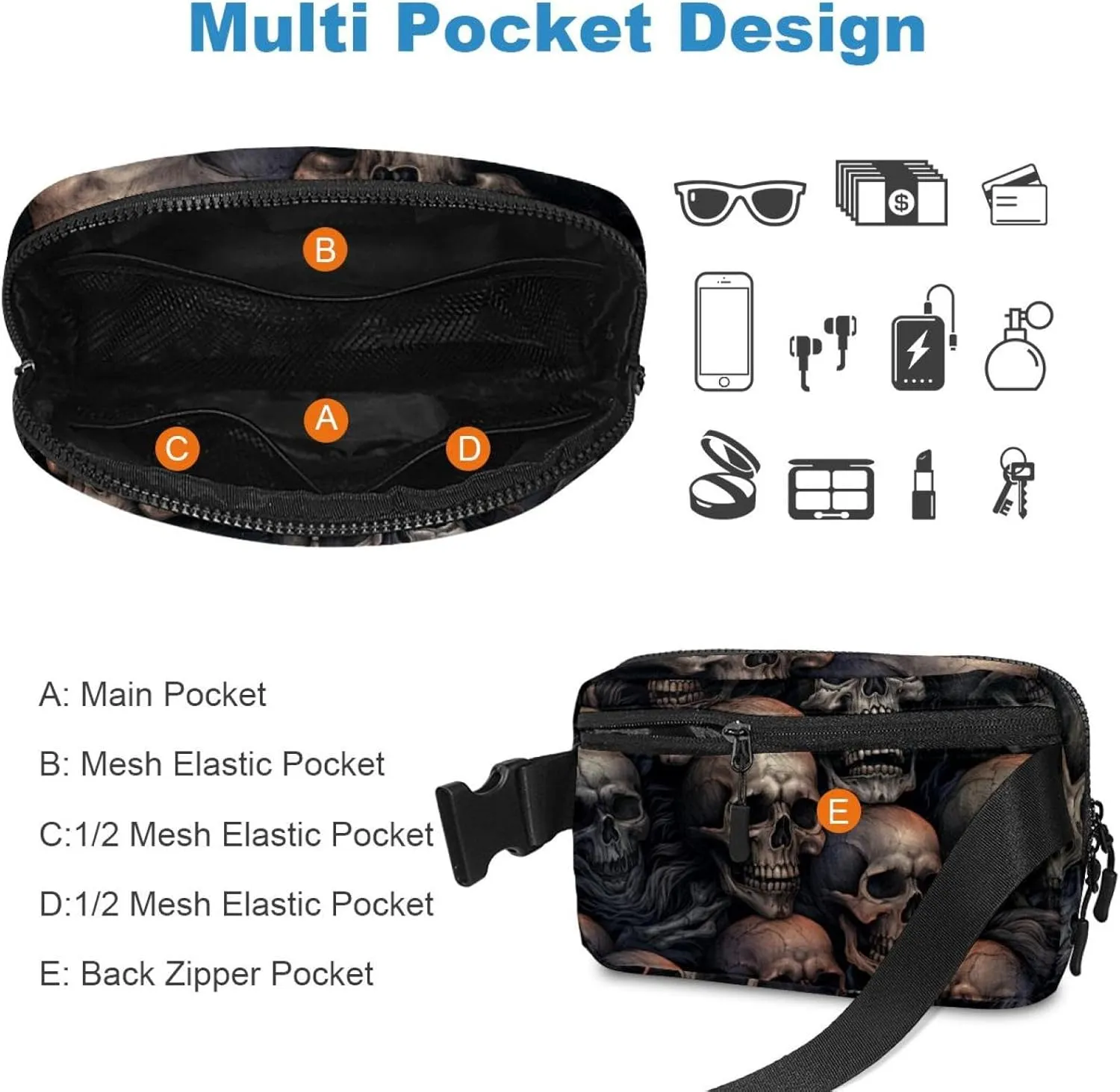 Waterproof Fanny Pack Black Belt Bag with Adjustable Strap for Women and Men,Skull L Crossbody Fanny Bag with Zipper for Hiking Running Travel