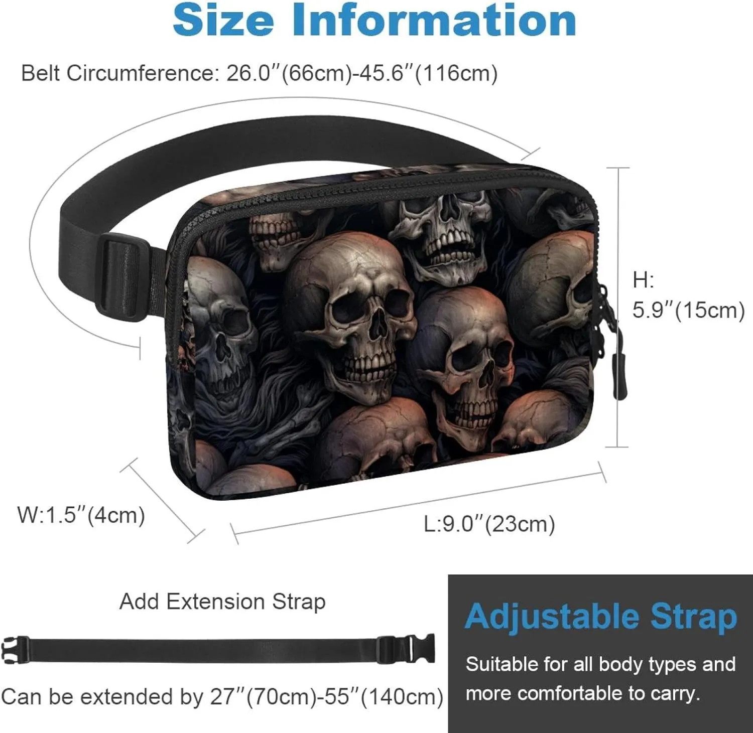 Waterproof Fanny Pack Black Belt Bag with Adjustable Strap for Women and Men,Skull L Crossbody Fanny Bag with Zipper for Hiking Running Travel