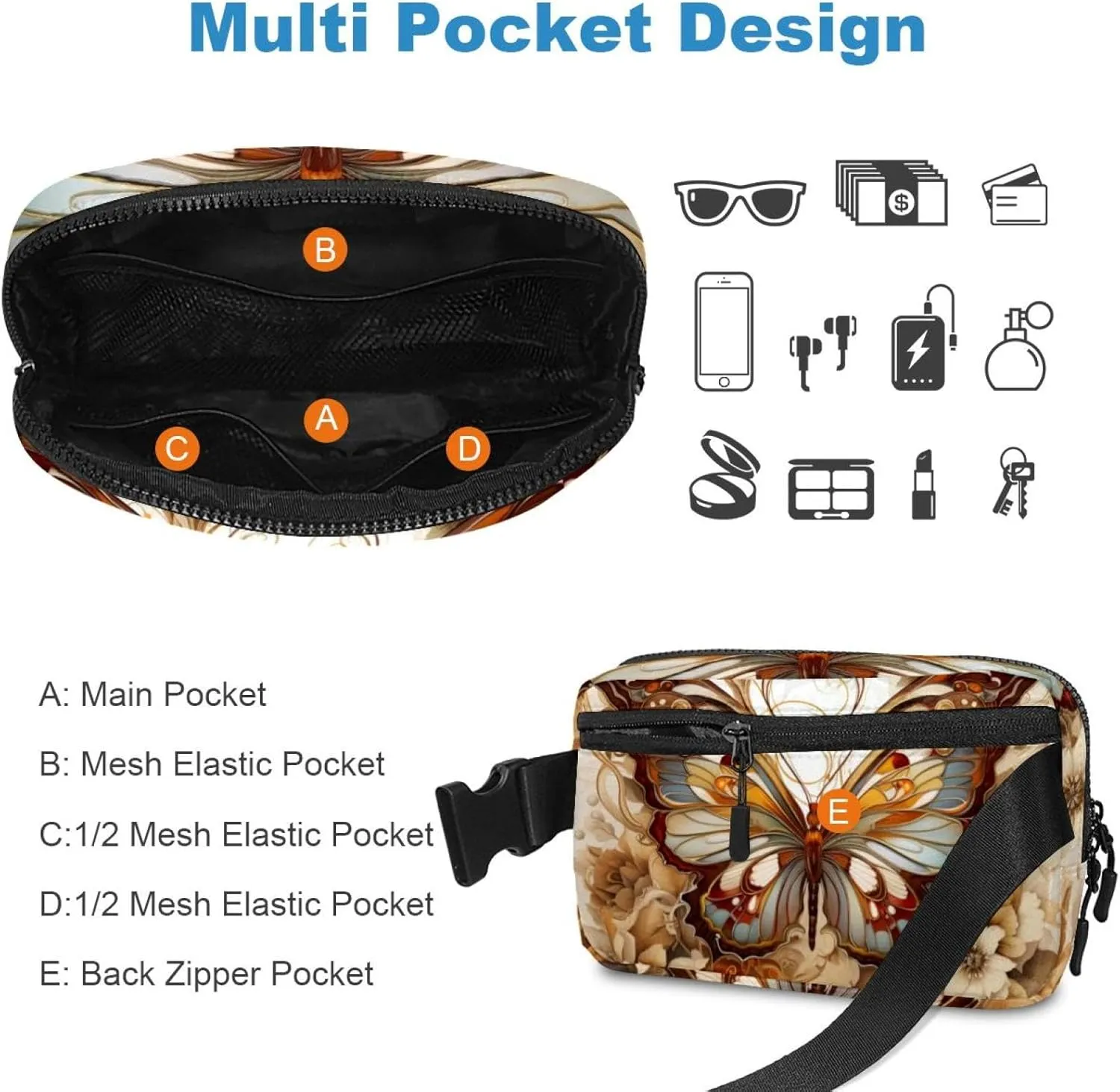 Waterproof Fanny Pack Black Belt Bag with Adjustable Strap for Women and Men,White Flowers Vintage Butterfly Crossbody Fanny Bag with Zipper for Hiking Running Travel