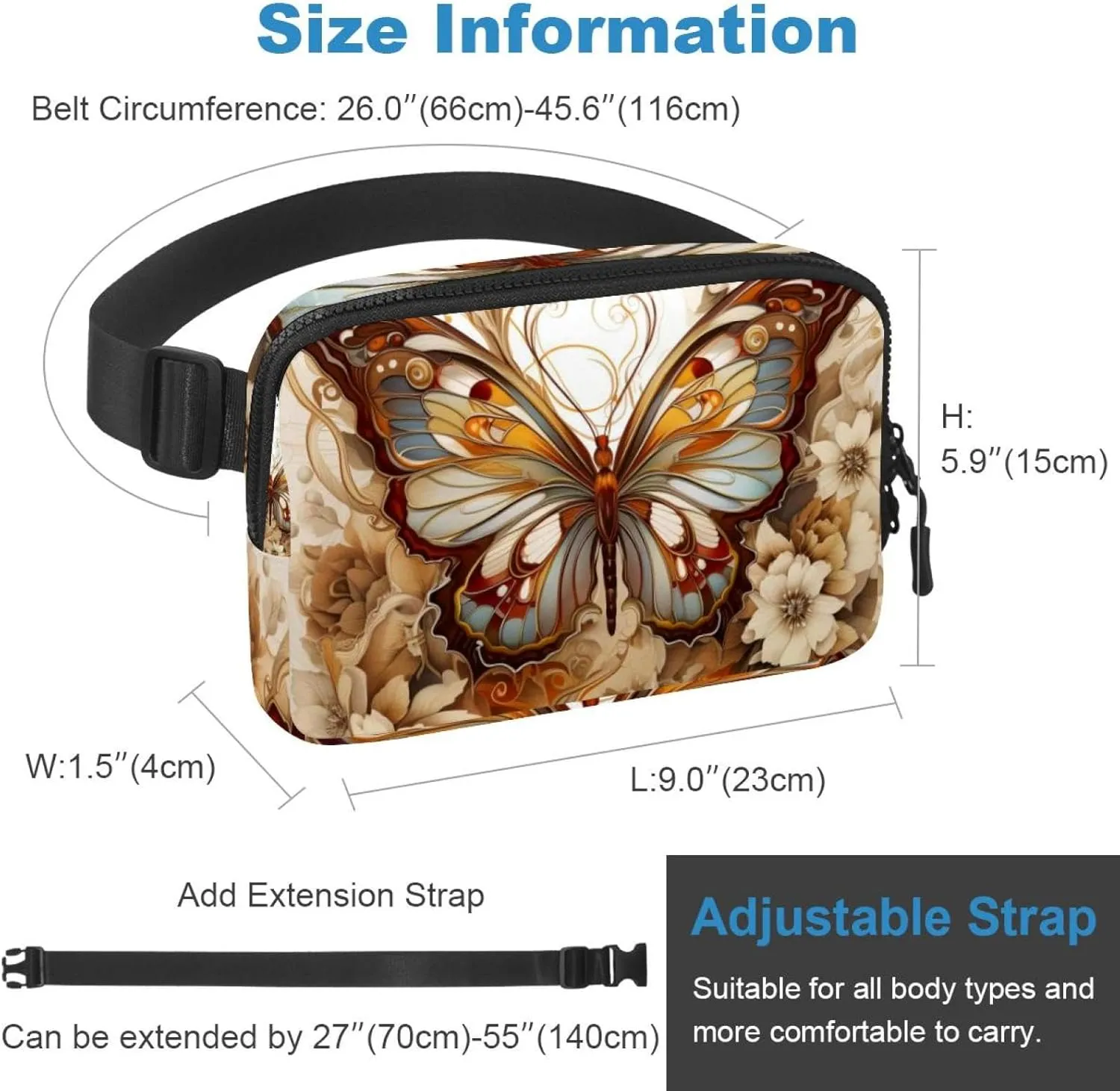Waterproof Fanny Pack Black Belt Bag with Adjustable Strap for Women and Men,White Flowers Vintage Butterfly Crossbody Fanny Bag with Zipper for Hiking Running Travel