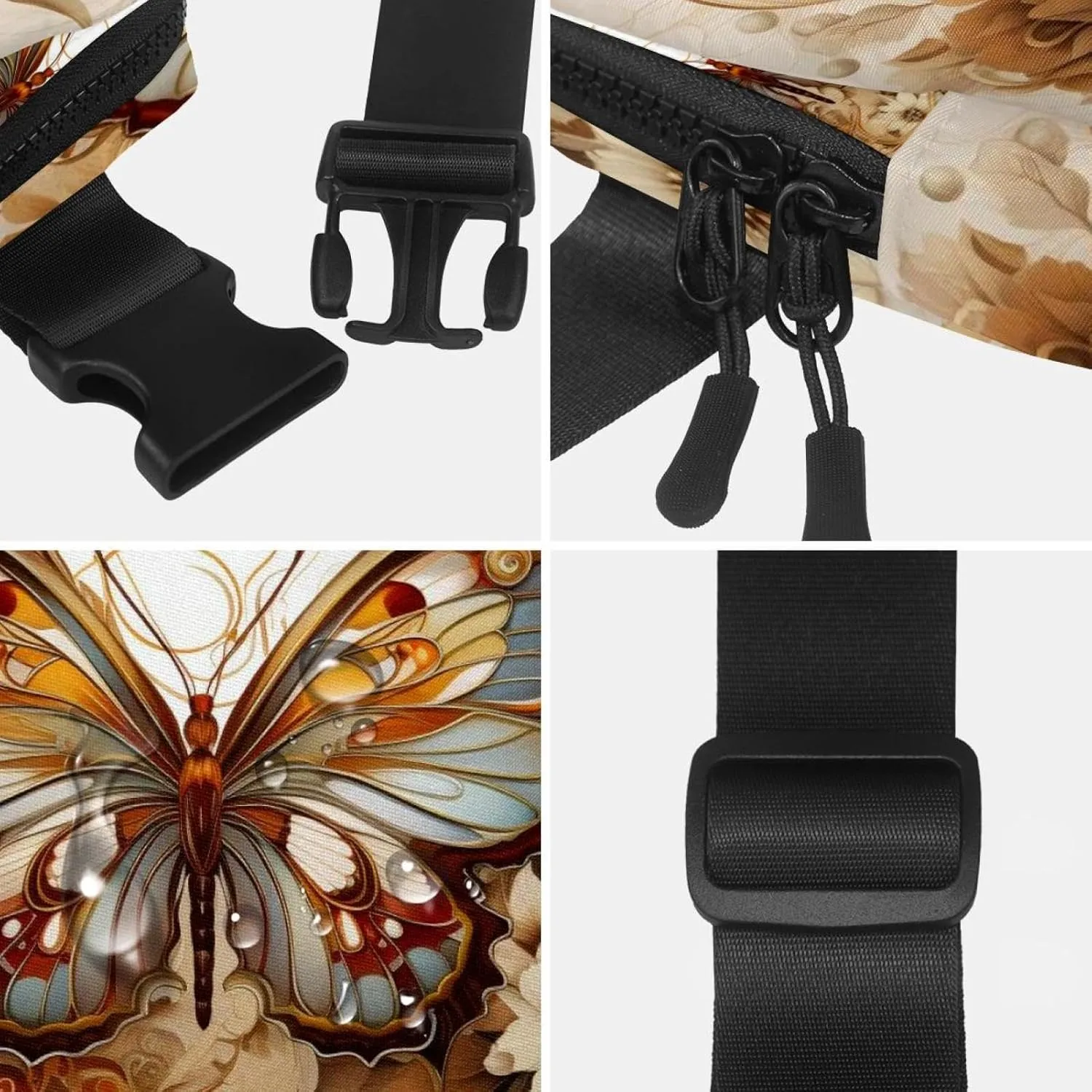 Waterproof Fanny Pack Black Belt Bag with Adjustable Strap for Women and Men,White Flowers Vintage Butterfly Crossbody Fanny Bag with Zipper for Hiking Running Travel