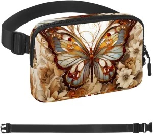 Waterproof Fanny Pack Black Belt Bag with Adjustable Strap for Women and Men,White Flowers Vintage Butterfly Crossbody Fanny Bag with Zipper for Hiking Running Travel