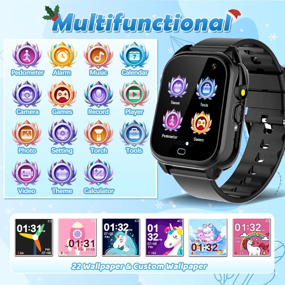 Waterproof Kids Smart Watch for 3-12 Years Old Boys Girls Toys with 26 Game Video Camera Pedometer Music Player Alarm Clock Calculator 1.44'' HD Touchscreen Electronic Learning Toys Birthdays Gifts