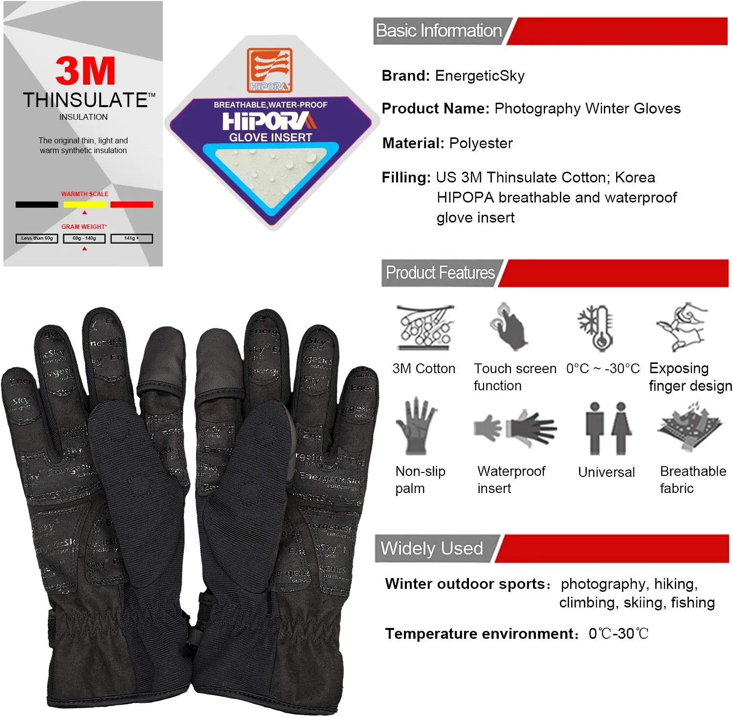 Waterproof Winter Gloves,3M Thinsulate Ski & Snowboard Gloves for Men and Women,Touchscreen Gloves for Fishing,Photographing,Hunting Outdoor Activities.