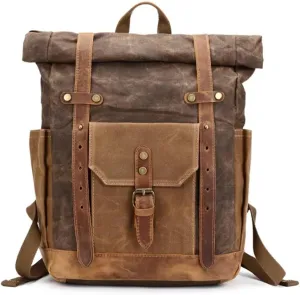 Waxed Canvas Leather Hiking Travel Waterproof Backpack for College Weekend Travel Fit 15in laptops (Classic Khaki)