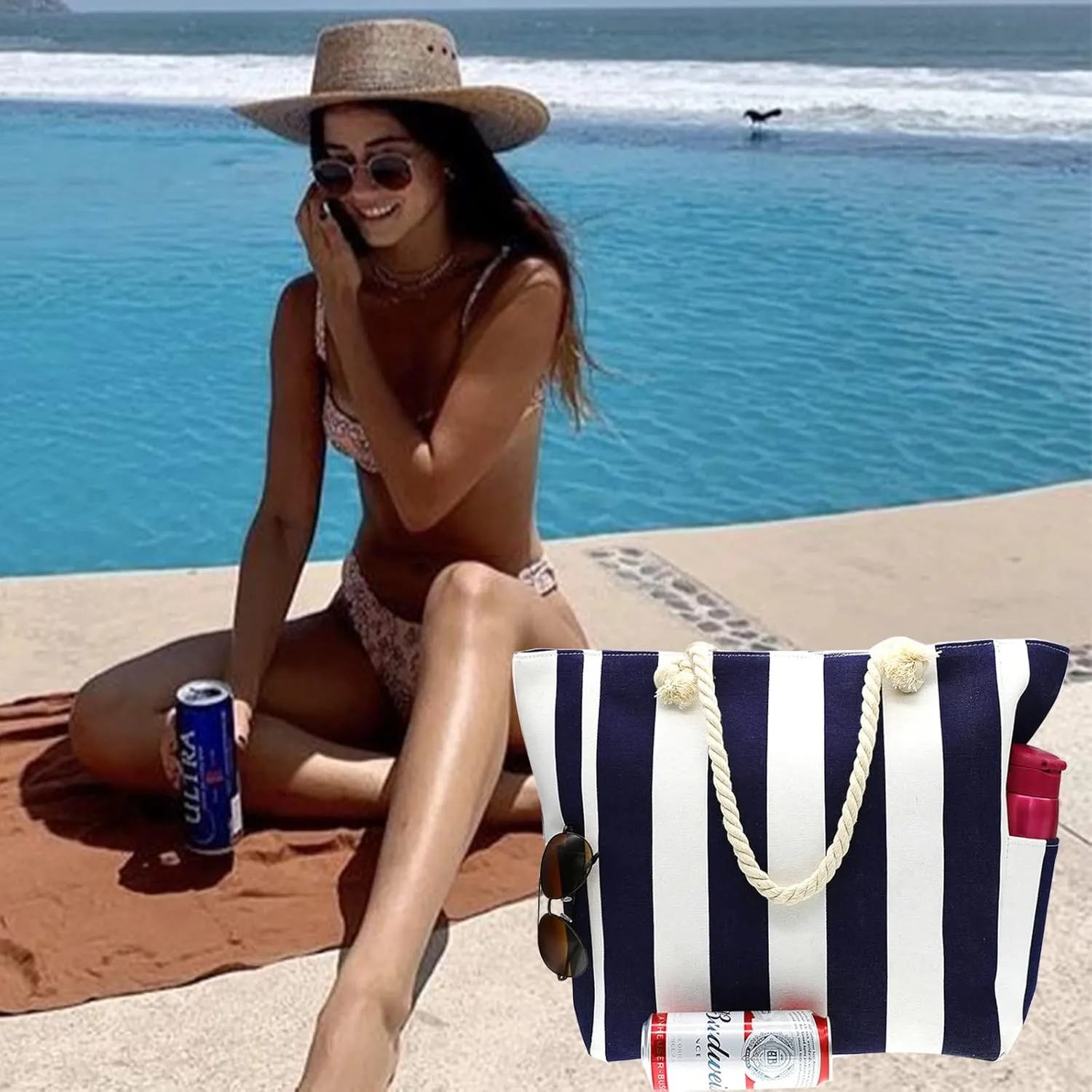 We We Large Beach Tote bag for Women Canvas Straw Tavel Tote Bag Waterproof Shoulder Bag Handbag for Gym Swim