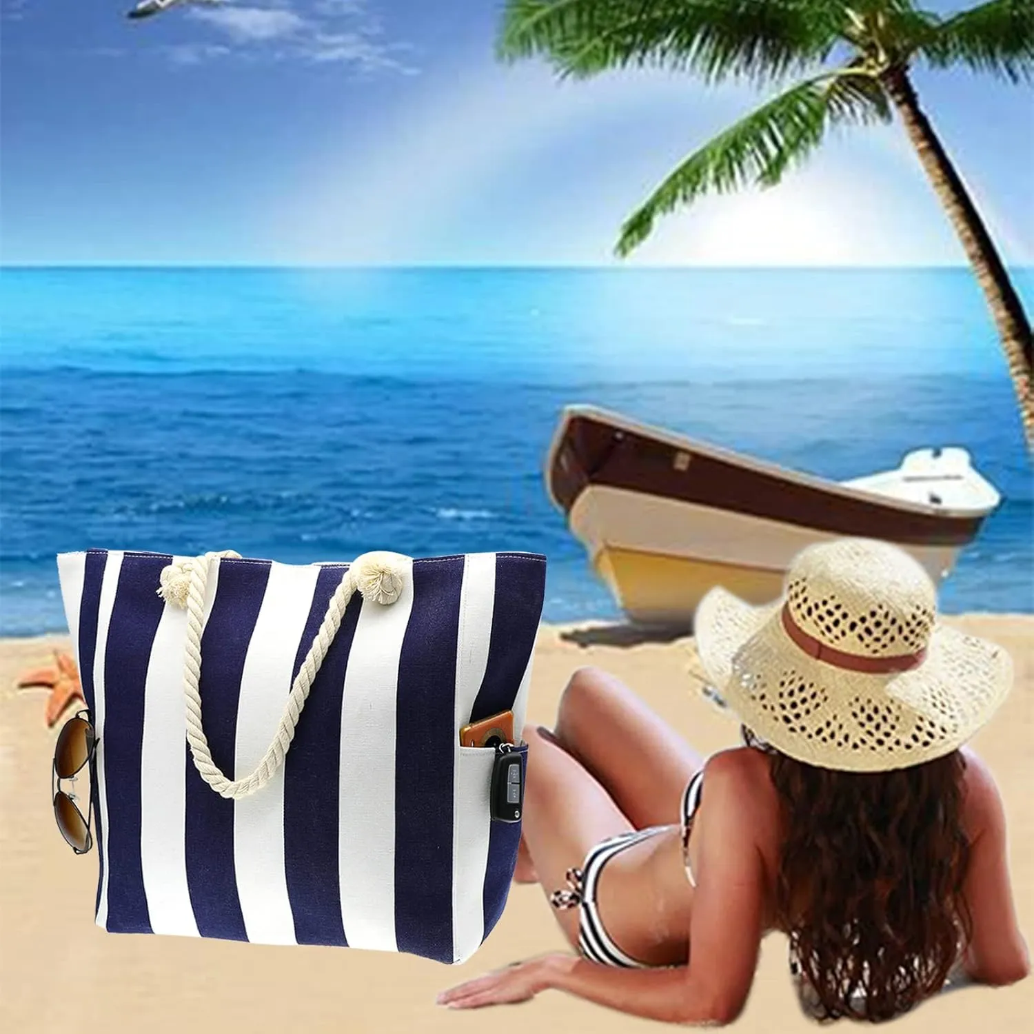 We We Large Beach Tote bag for Women Canvas Straw Tavel Tote Bag Waterproof Shoulder Bag Handbag for Gym Swim