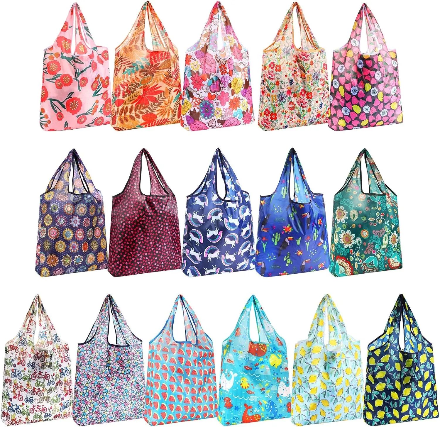 Weewooday 18 Pieces Foldable Reusable Shopping Bags Machine Washable Grocery Bags Waterproof