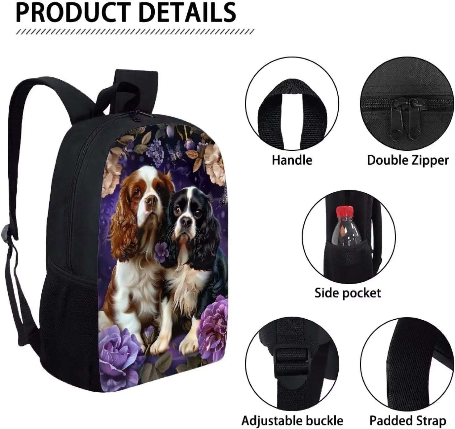 WELLFLYHOM 16 Inch School Backpack Cavalier King Charles Spaniel Bookbag for Middle School Girls Bookbag Elementary Preschool Baqck Pack Purse Cute Dog Schgoolbag Satchel for Teen Boys Daycare