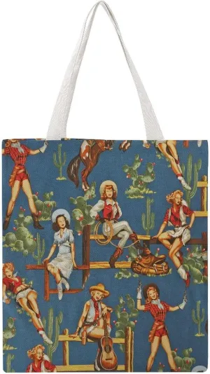 Western Cowgirl Cowboy Western Rodeo Canvas Tote Bag for Women Girl Canvas Shoulder Handbags Cute Large Purse