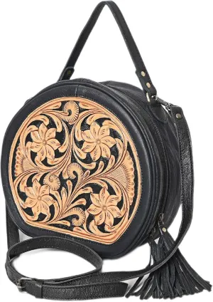 western Handtooled Cowhide Hairon Canteen Crossbody bag with Adjustable Detachable Leather Strap,Antique dye finish