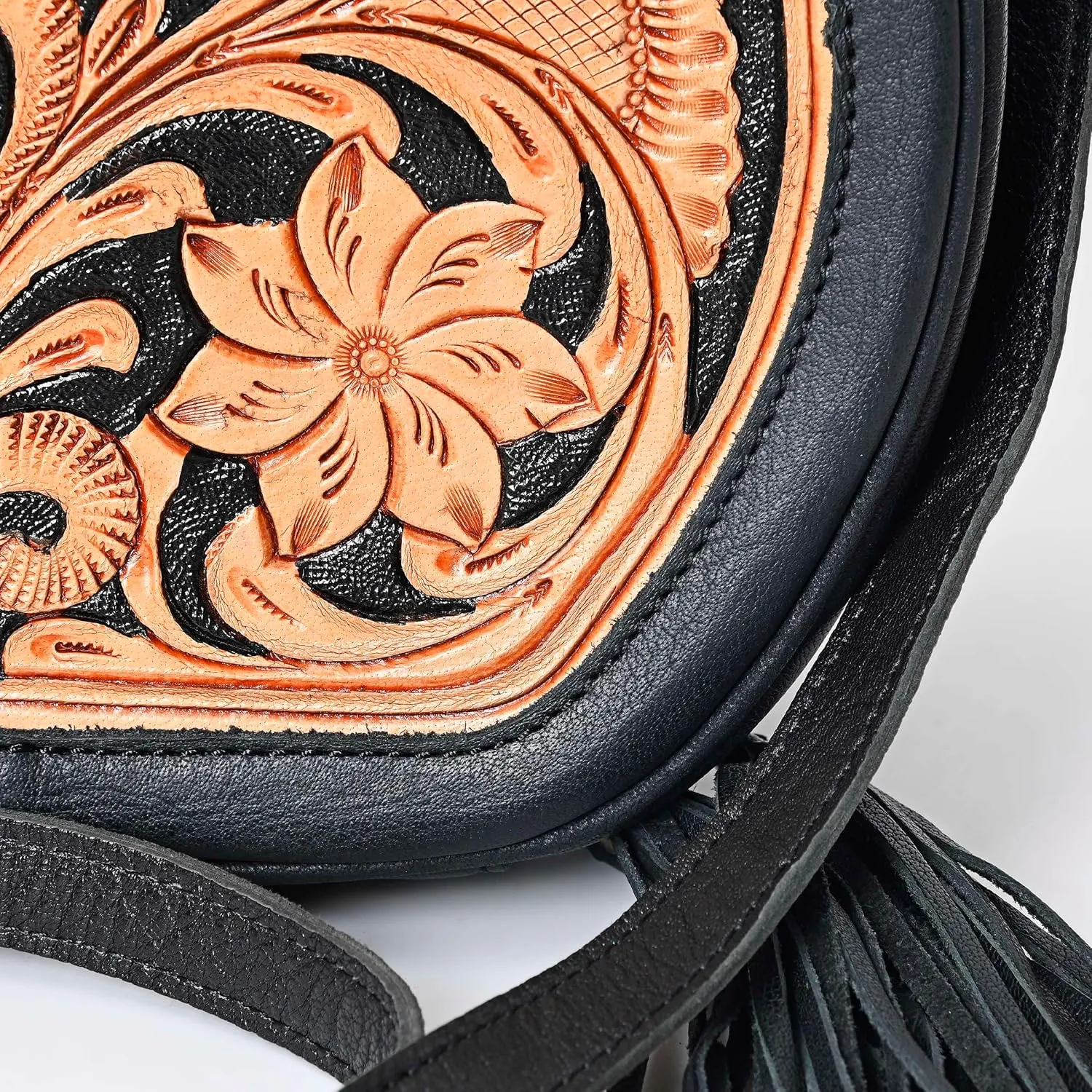western Handtooled Cowhide Hairon Canteen Crossbody bag with Adjustable Detachable Leather Strap,Antique dye finish