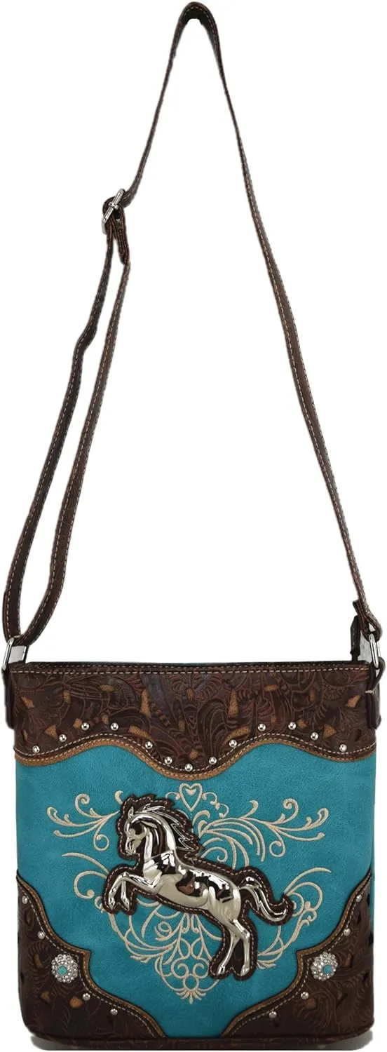 Western Style Horse Purse Embroidered Floral Rhinestone Studs Crossbody Handbags Cowgirl Country Women Single Shoulder Bag