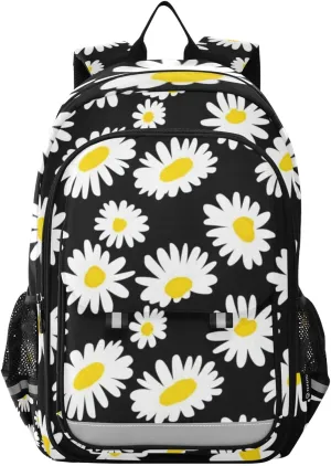 White Daisies Black Kid Bookbag, Backpack Chest Strap Kids, Boys Backpack Large