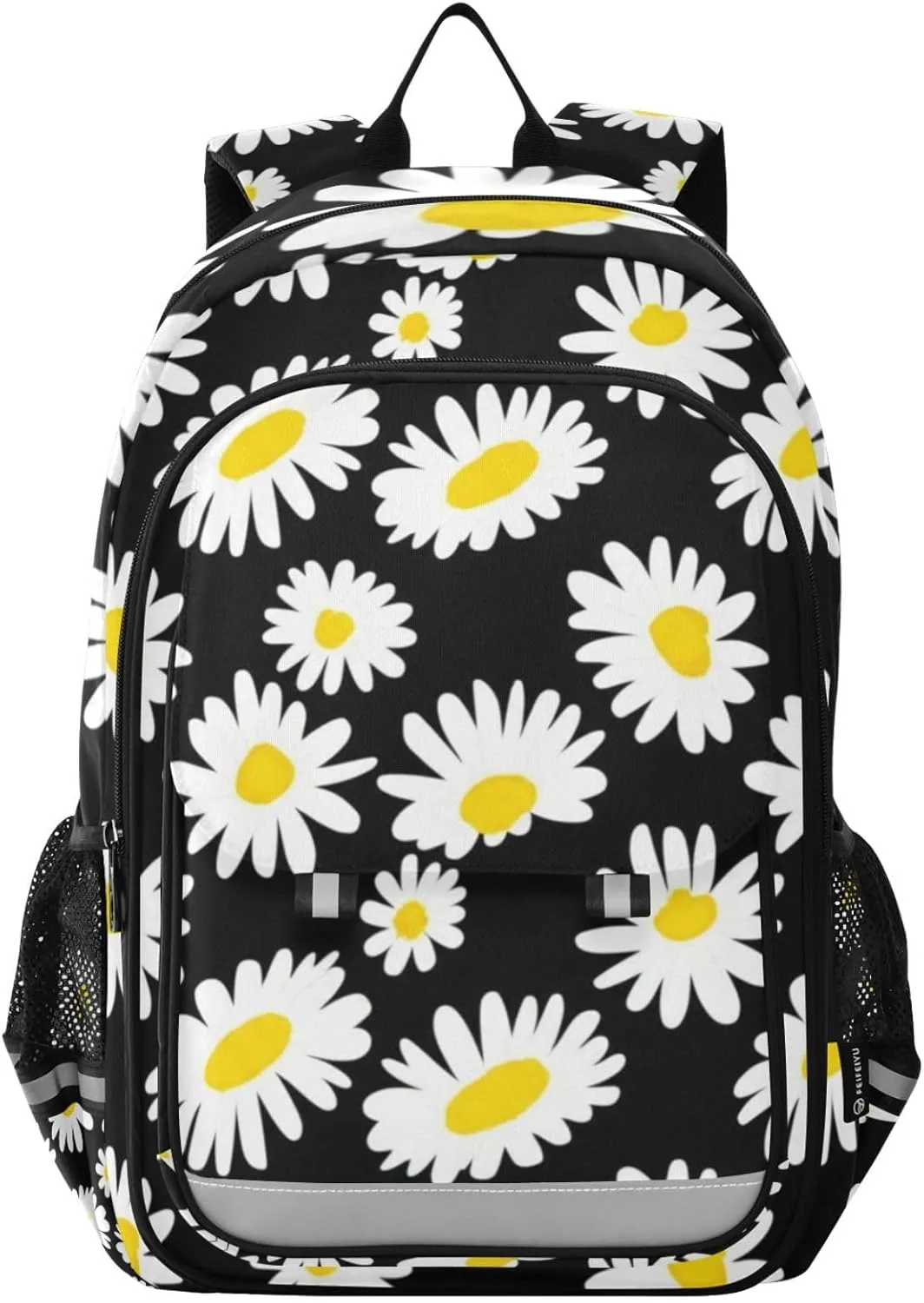 White Daisies Black Kid Bookbag, Backpack Chest Strap Kids, Boys Backpack Large
